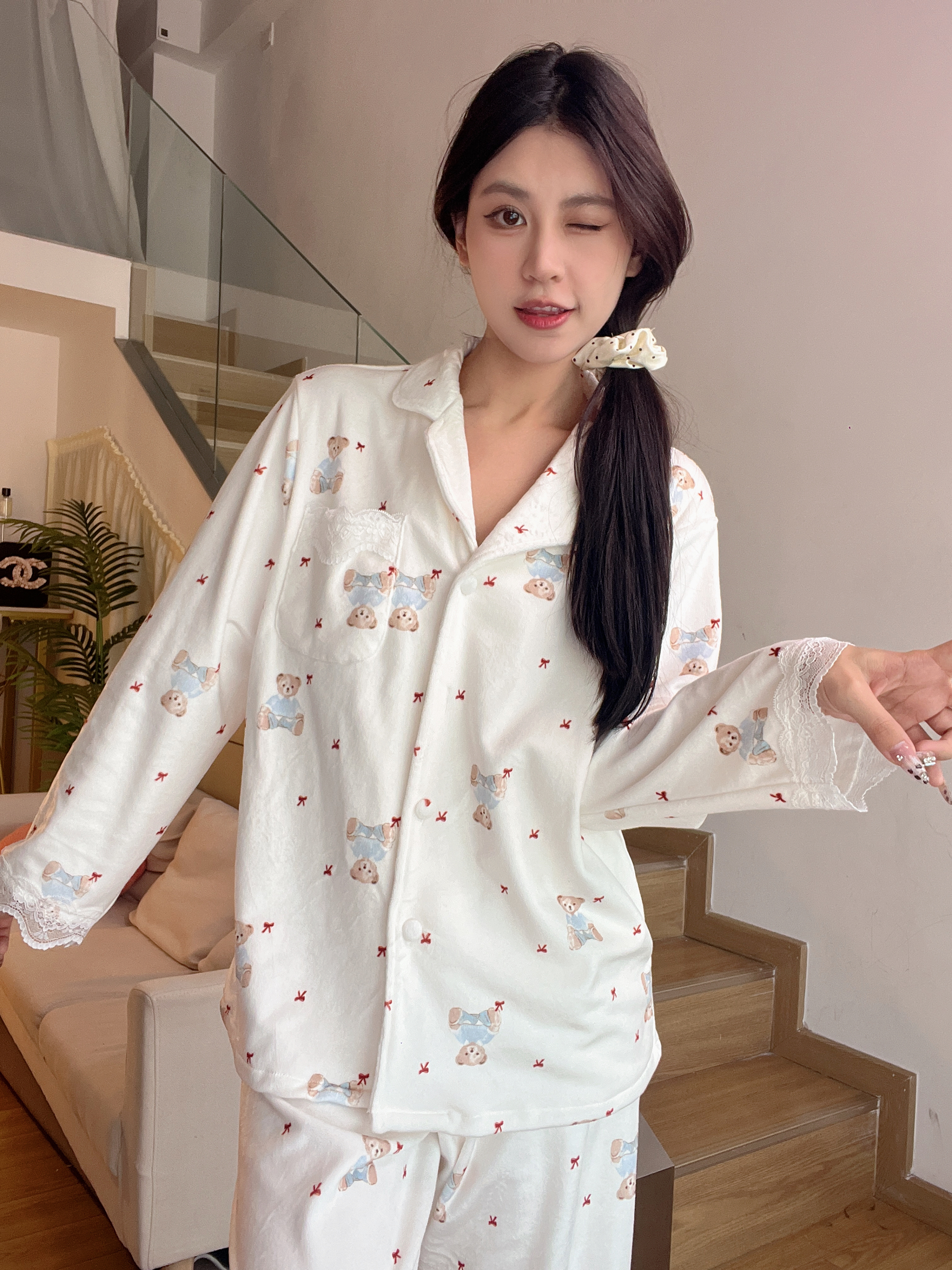 私人定制小熊海岛绒睡衣保暖女秋冬2024加绒家居服套装