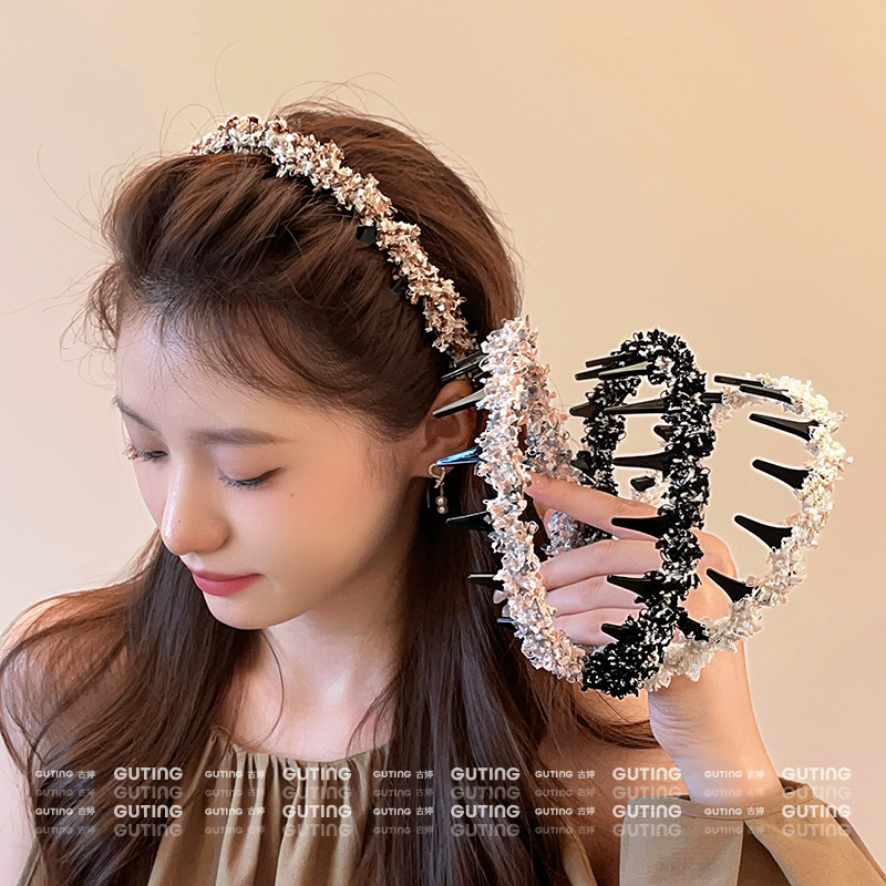 2756爆款小香风粗花呢编织发箍带齿防滑波浪高颅顶头饰高级感发饰