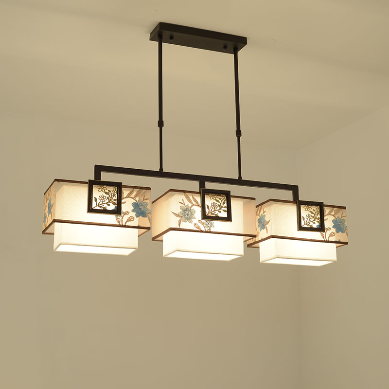 新式餐厅吊灯长方形三头LED灯具国风复古禅意书房茶室吧台灯