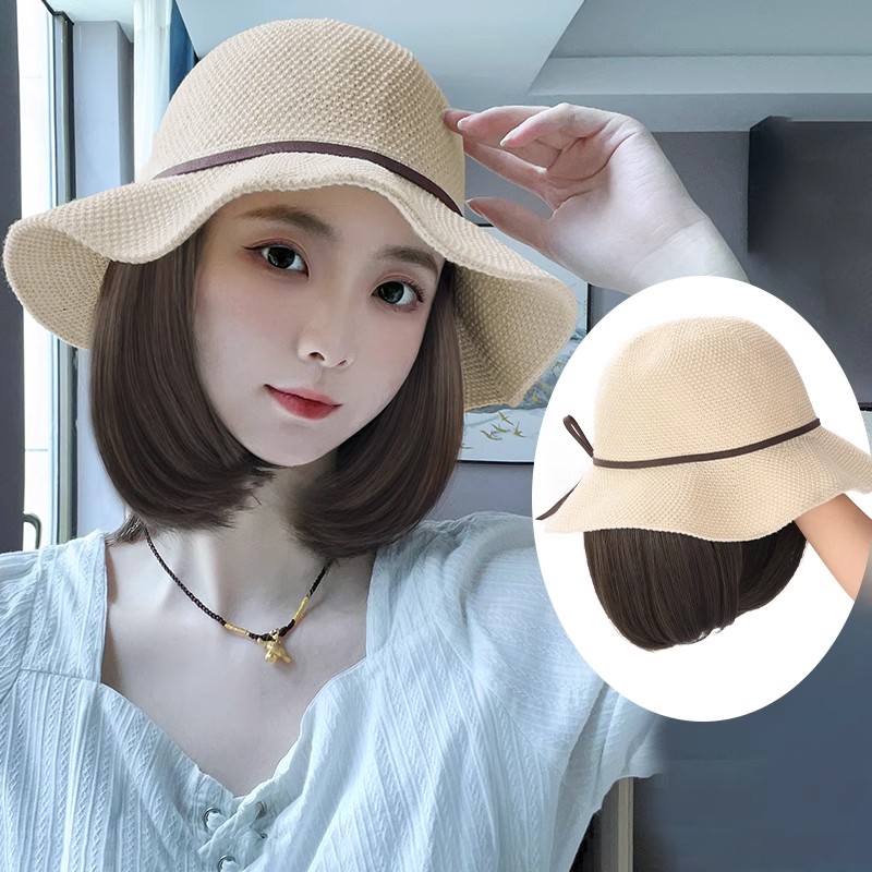 帽子假发一体女短发夏季镂空蝴蝶结渔夫帽波波头仿真发时尚假发帽