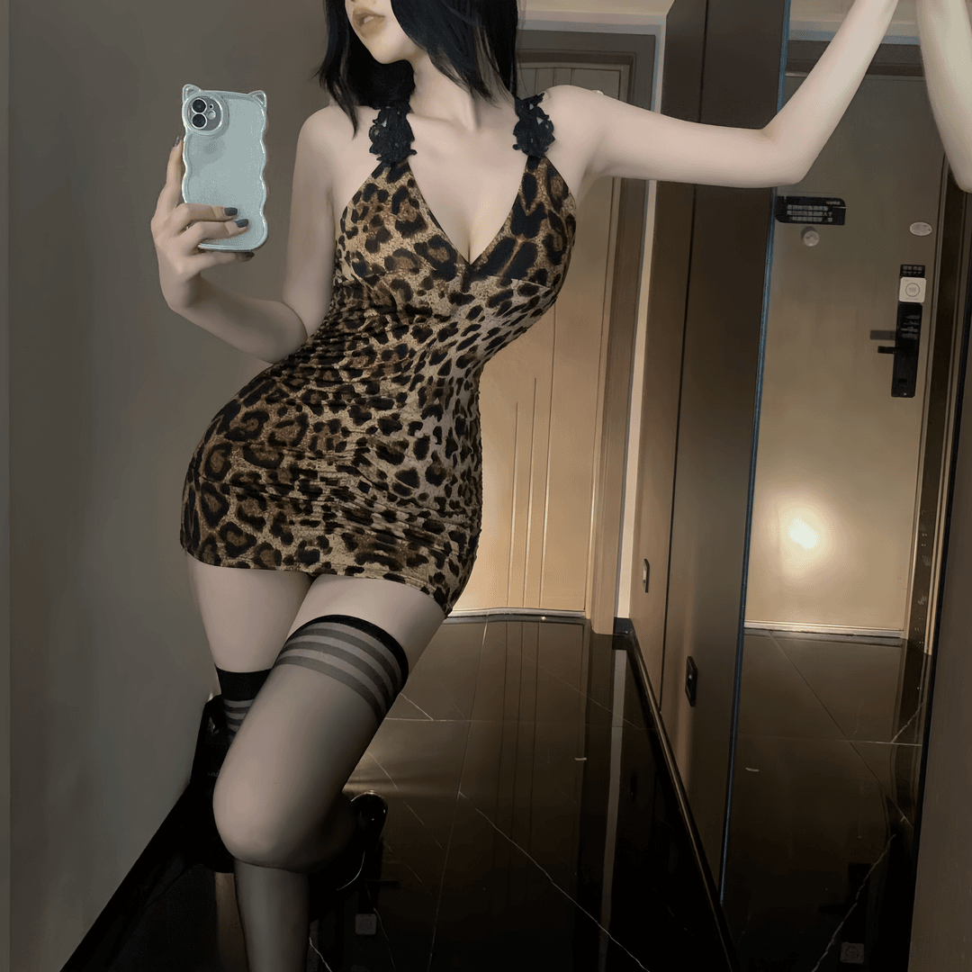 豹纹深V蕾丝拼接女装包臀连衣裙薄款露背性感居家裙子