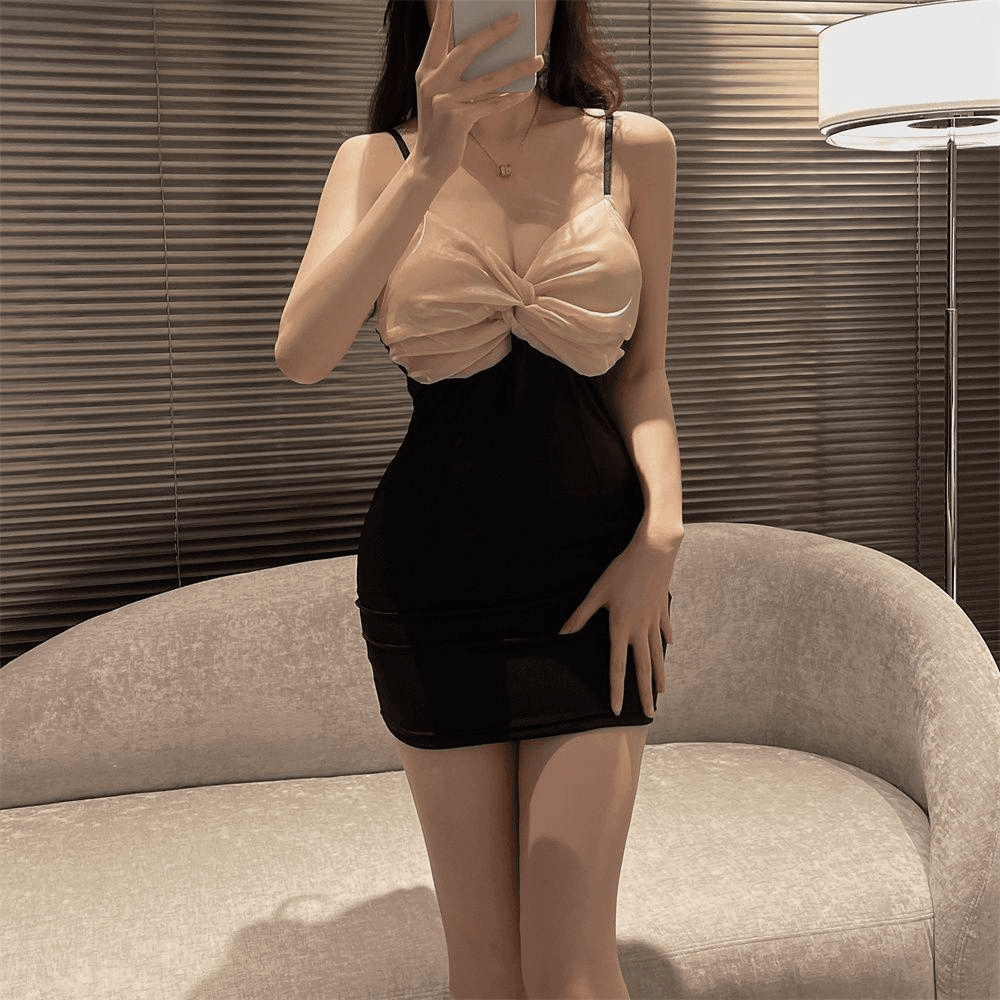 气质少女性感纯欲风小胸吊带蝴蝶结火辣睡裙显瘦兔脱包臀裙