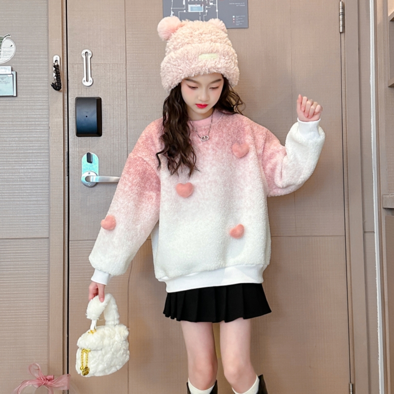 女童加绒卫衣秋冬款2023新款儿童时髦洋气羊羔绒上衣加厚中大童潮