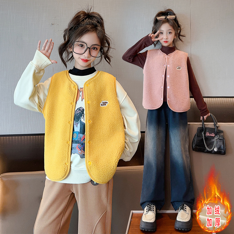 女童马甲2023新款秋冬款外穿女大童加绒马夹女孩儿童冬季保暖背心
