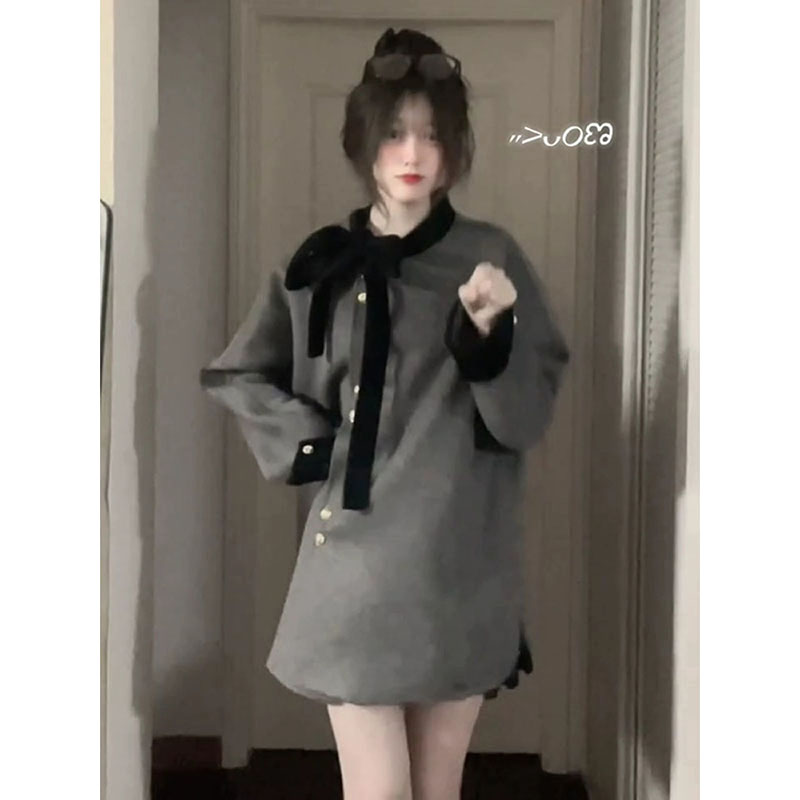 法式气质系带小个子双面呢大衣女秋冬季新款设计感千金风灰色外套