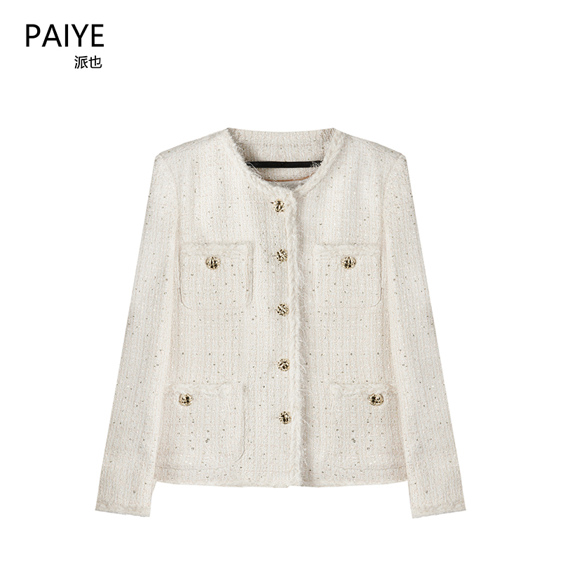 【白色泡泡】90白鸭绒羽绒重工时尚粗花呢上衣杏色编织小香风A72085