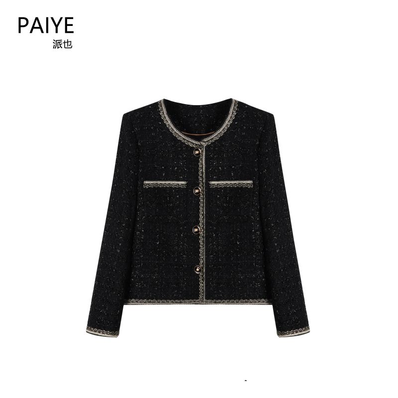 冬季女外套高端时尚轻奢气质名媛秋冬粗花呢黑色外套女A60712