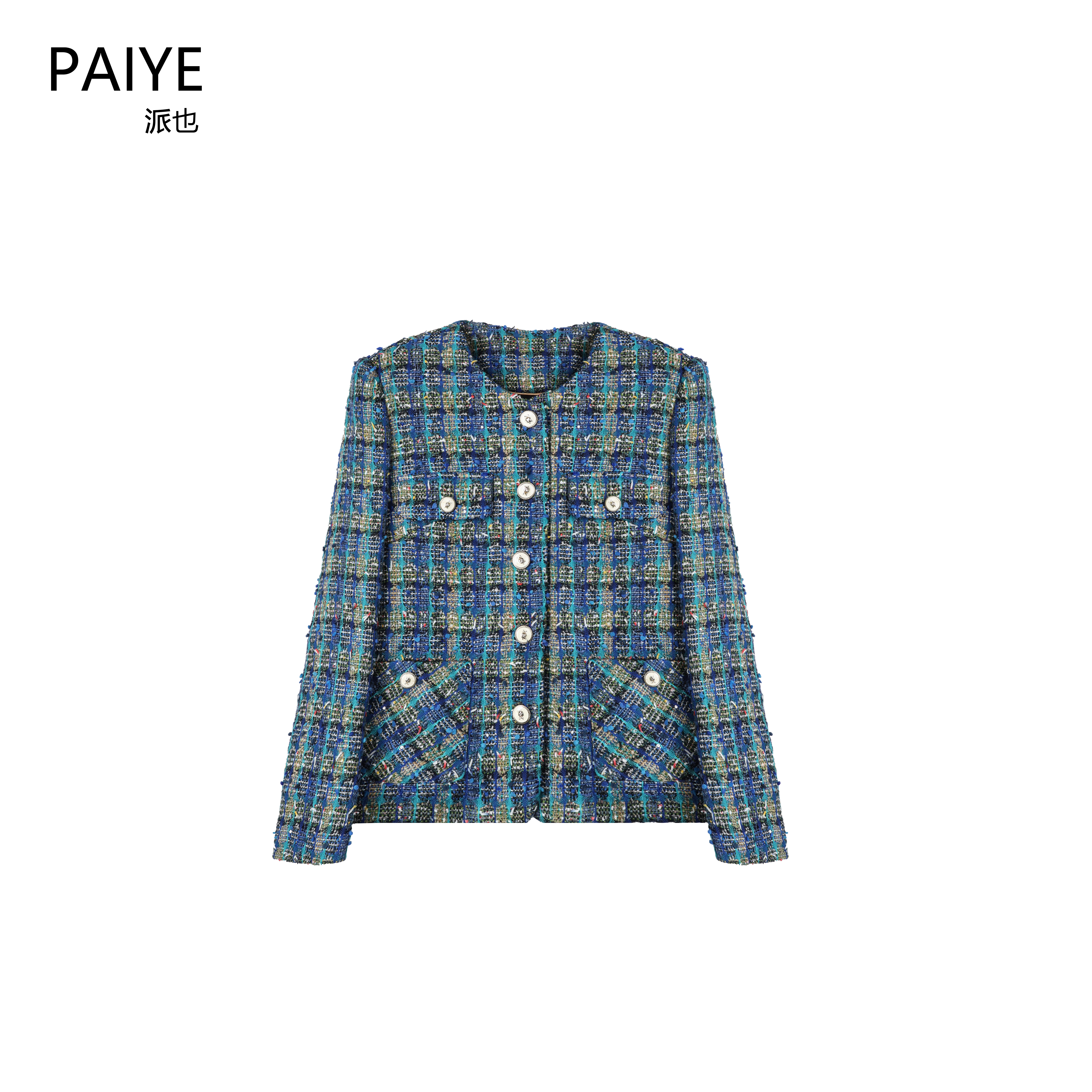 新国标90白鸭绒羽绒内胆重工时尚粗花呢上衣蓝色编织小香风A72018