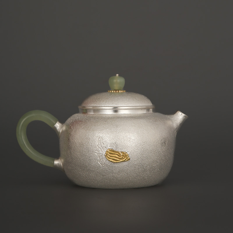 银壶家族纯银999纯手工打造磨砂款佛手嵌金泡茶壶大容量家庭小壶