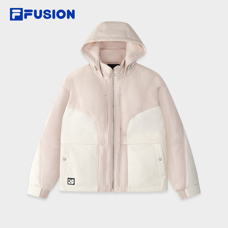 FILAFUSION斐乐潮牌棉服女25春款宽松拼色连帽保暖外套T11W513904