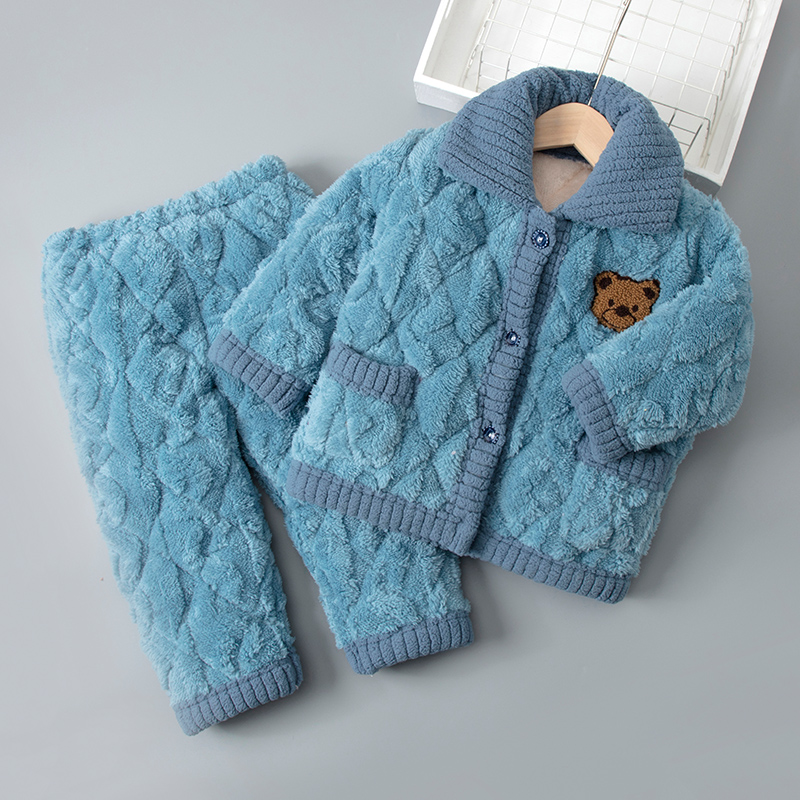 冬季夹棉儿童法兰绒睡衣男童女孩加厚宝宝三层夹棉保暖家居服套装