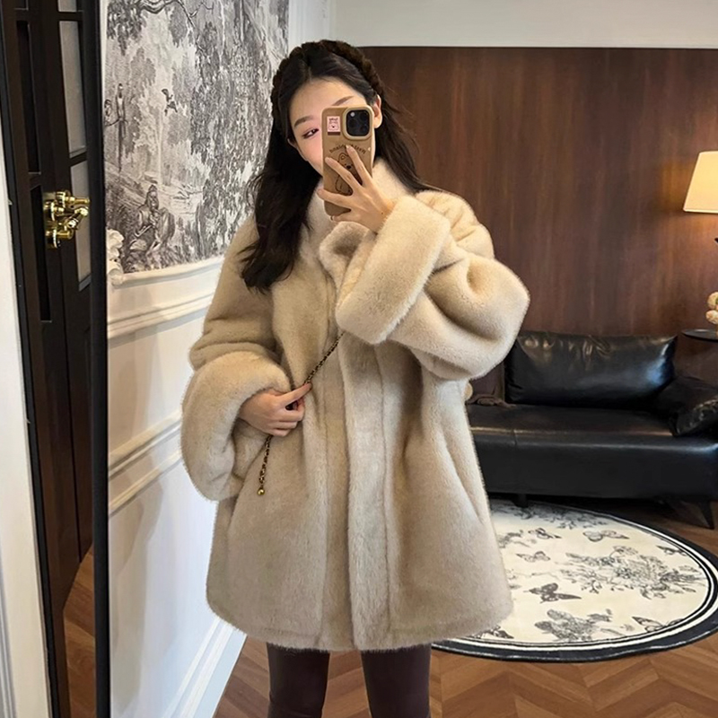 【冬焕新】2024冬季新款韩版中长款立领挽袖中古百搭双色毛毛外套女