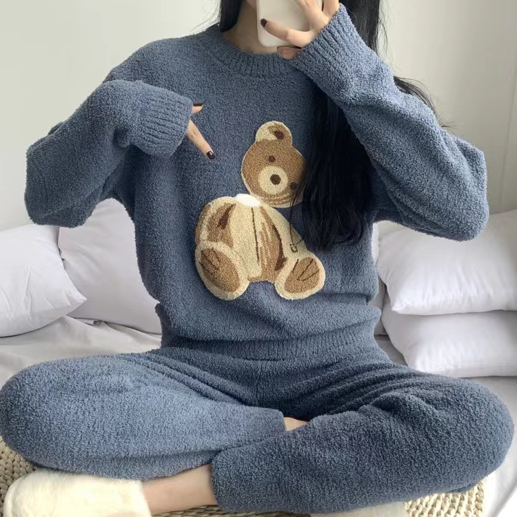 日系软绵绵情侣睡衣秋冬季可爱小熊加厚保暖珊瑚绒家居服
