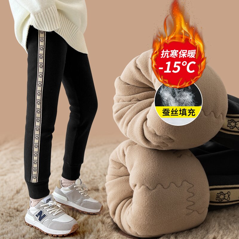 女童加绒裤子冬季外穿加厚打底裤蚕丝棉裤儿童北方过冬保暖运动裤