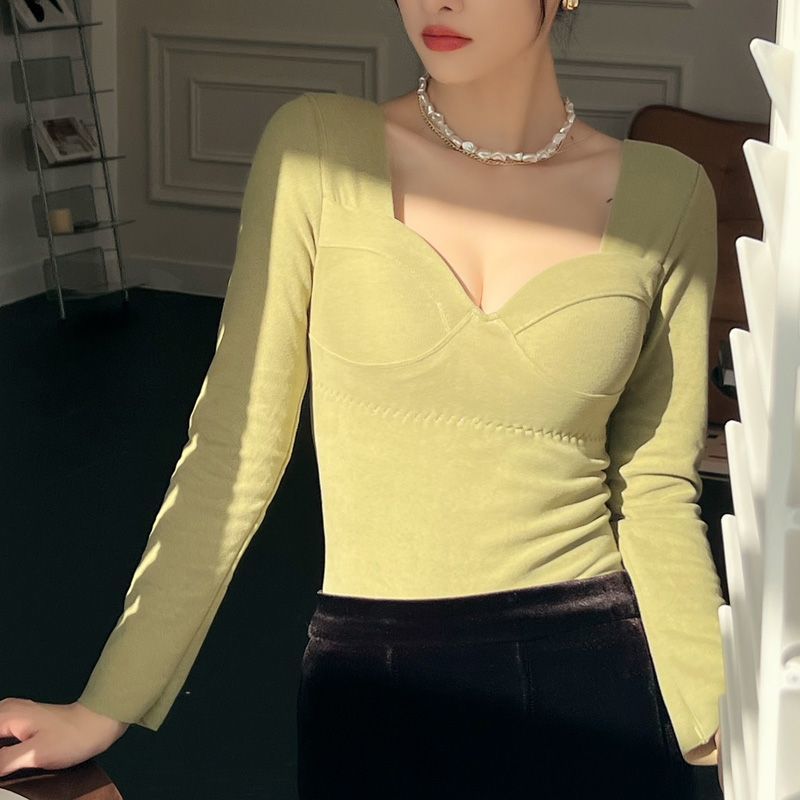 带胸垫加绒新款冬季加厚德绒洋气无痕罩杯一体打底衫秋衣保暖内衣