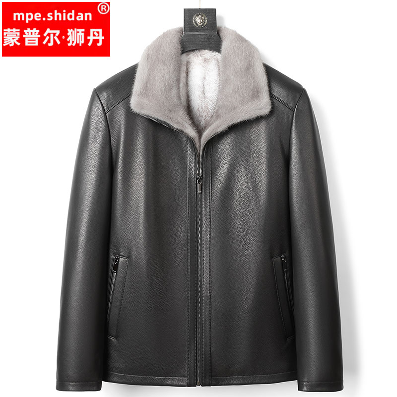 2301男装高档进口真鹿皮派克服冬款水貂内胆真皮短款翻领可脱卸