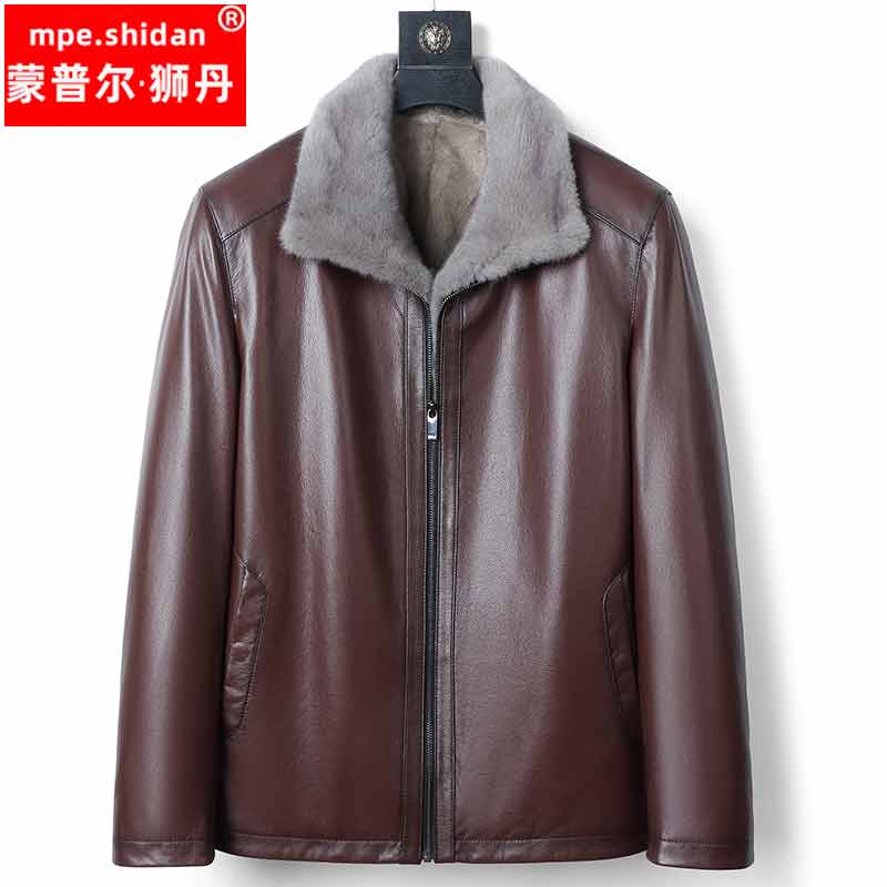 2203冬装男士立翻领真皮皮衣牛皮水貂内胆水貂袖派克服中老年