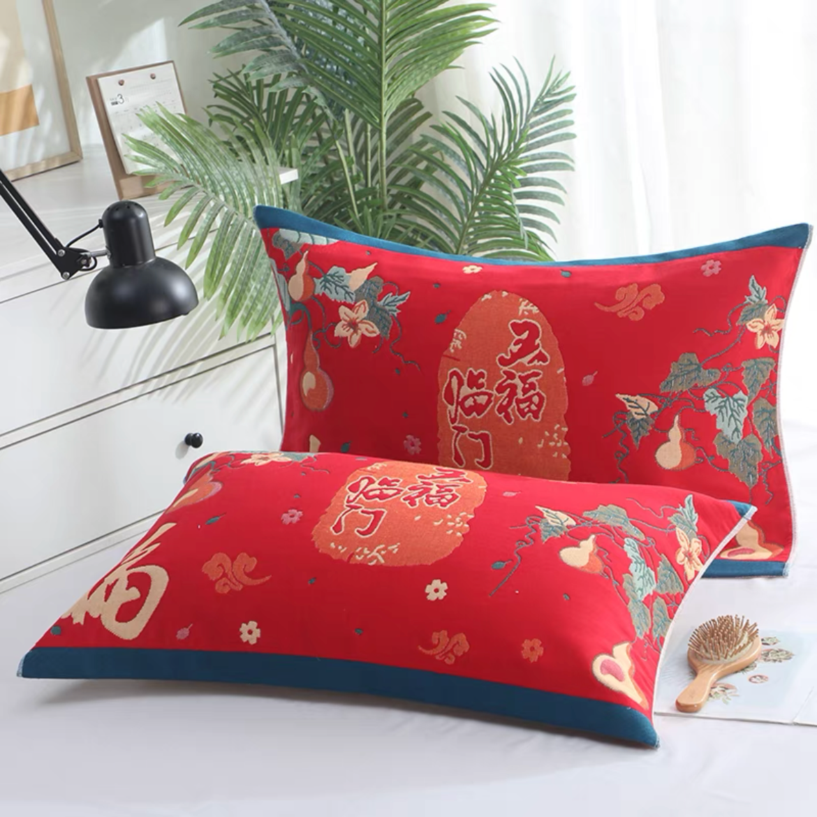 【意能达大能】多花型成人高档红色枕巾一对