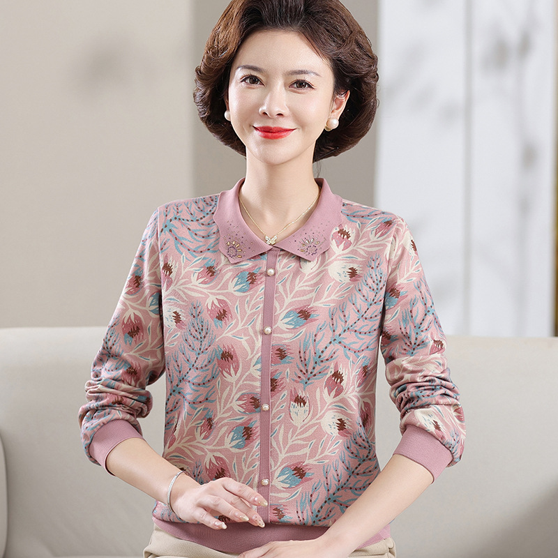 俞兆林妈妈秋装洋气针织宽松上衣翻领打底小衫岁中老年春秋长袖T