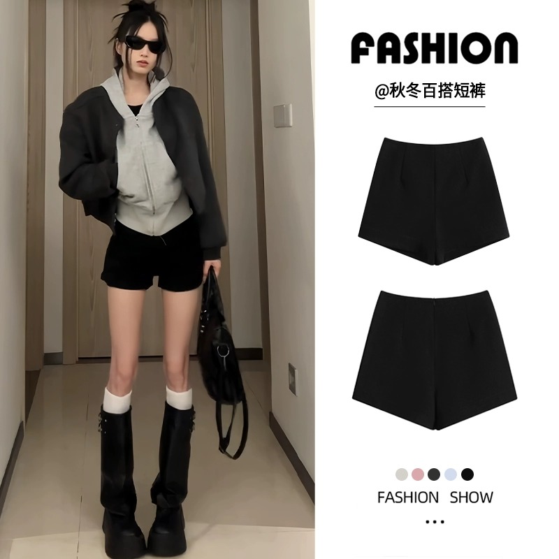 黑色显瘦短裤女秋冬2025新款高腰小个子修身辣妹加绒超短热裤靴裤