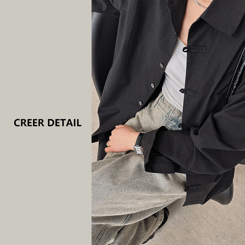 春秋新中式国风衬衫女黑色极简宽松长袖衬衣休闲工装风