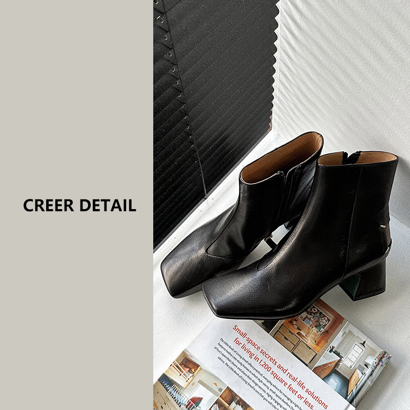 秋冬高品质极简大牌风胎牛皮黑色短靴粗跟方头穆勒鞋内里羊皮踝靴