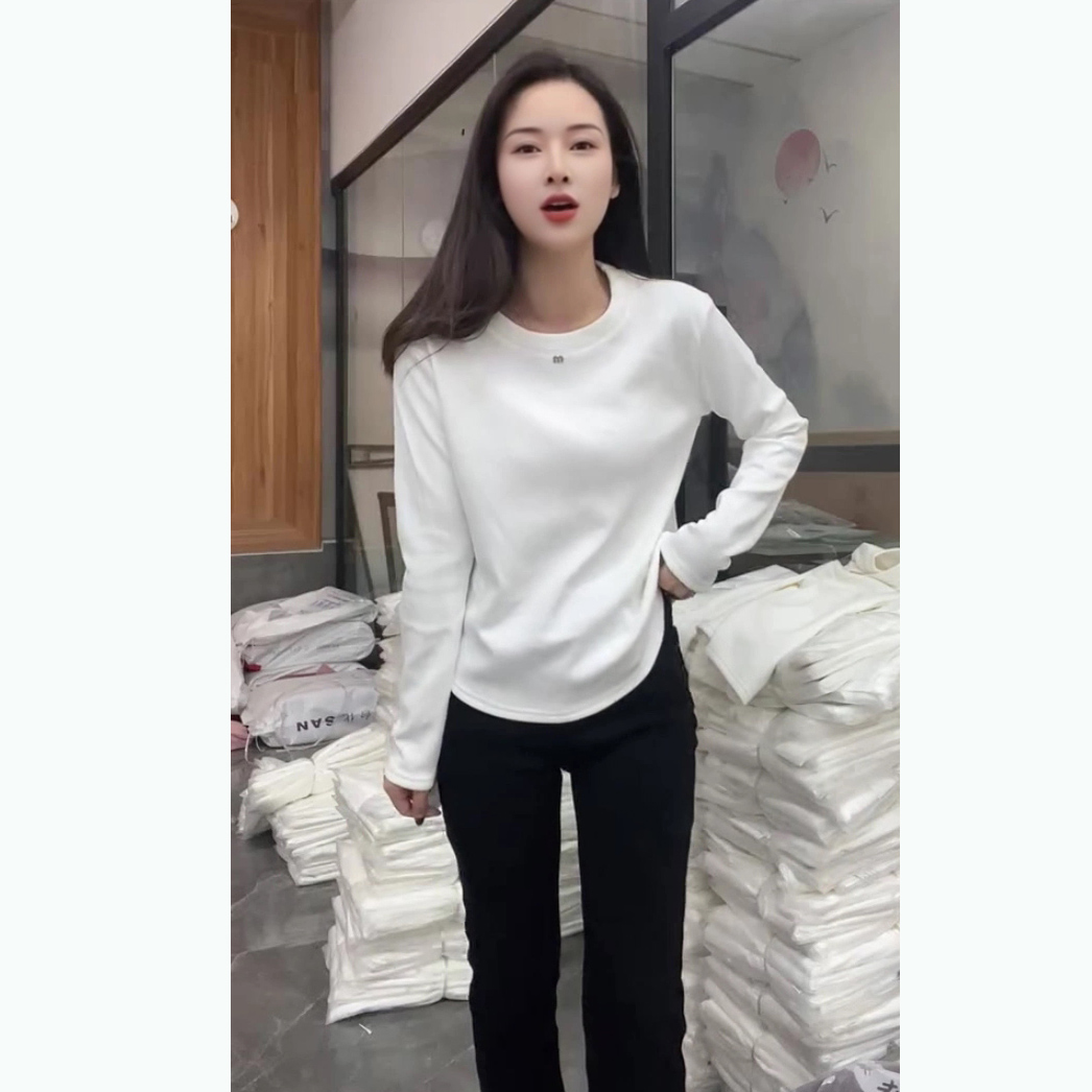 白色加绒打底衫纯色简约包边圆领弧形长袖收腰显瘦百搭T恤内搭