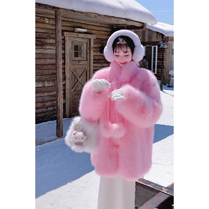 人造皮草 林初美 粉色毛毛外套女冬季韩系保暖抗冻仿狐狸毛皮草