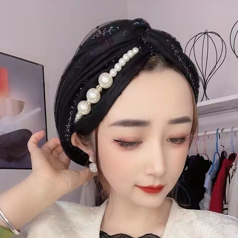 穆斯新款春夏季百搭双层珍珠链条包头透回族女珍珠帽印度帽包头帽