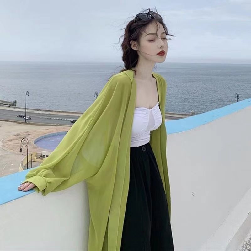 韩版百搭宽松无扣中长款防晒衫女简约纯色舒适雪纺衫时尚外披夏款