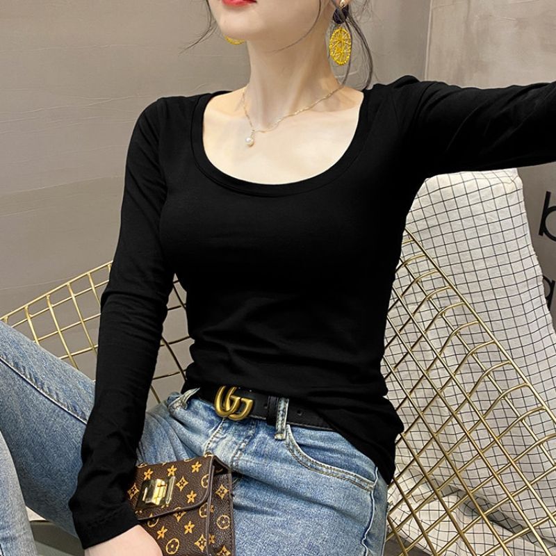 单/两件装莫代尔长袖T恤女春秋新款圆领薄款打底衫女修身显瘦上衣