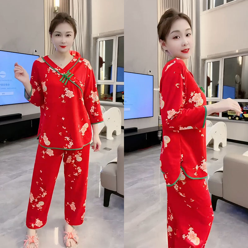 网红德绒睡衣套头女睡衣大码长袖红色休闲宽松中国风盘扣家居服女