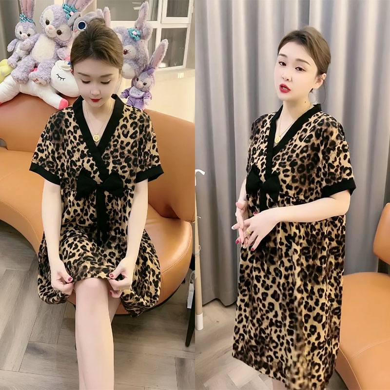 夏季大码时尚睡裙宽松豹纹睡衣气质网红性感印花薄款家居服连衣裙