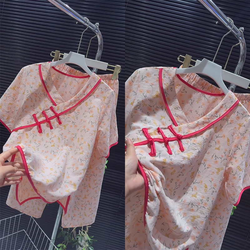 夏季薄款睡衣女复古粉色碎花休闲宽松甜美碎花民族风家居服套装
