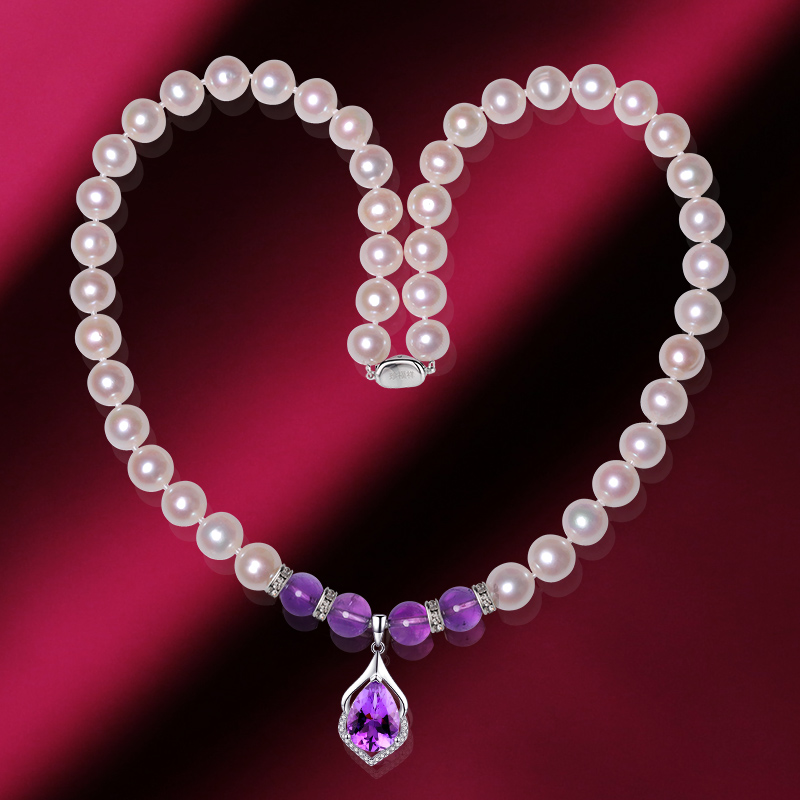 珍珠项链轻奢气质天然淡水女款正圆形时尚款紫色吊坠送妈妈母亲节
