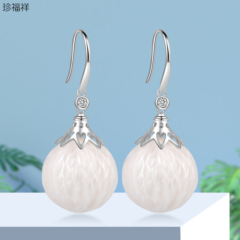 奢华超大珍珠耳环女龙鳞纹民族风长款耳坠925银天然淡水耳钩13-14