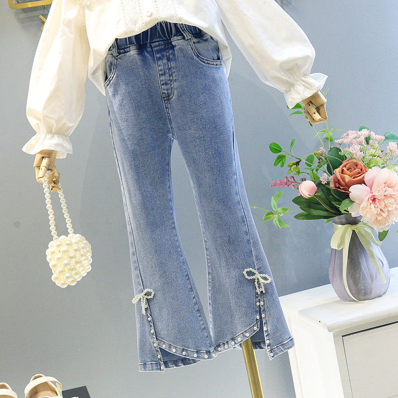 【小扬哥推荐】女童牛仔裤春秋裤子小女孩时髦珍珠洋气韩版喇叭裤