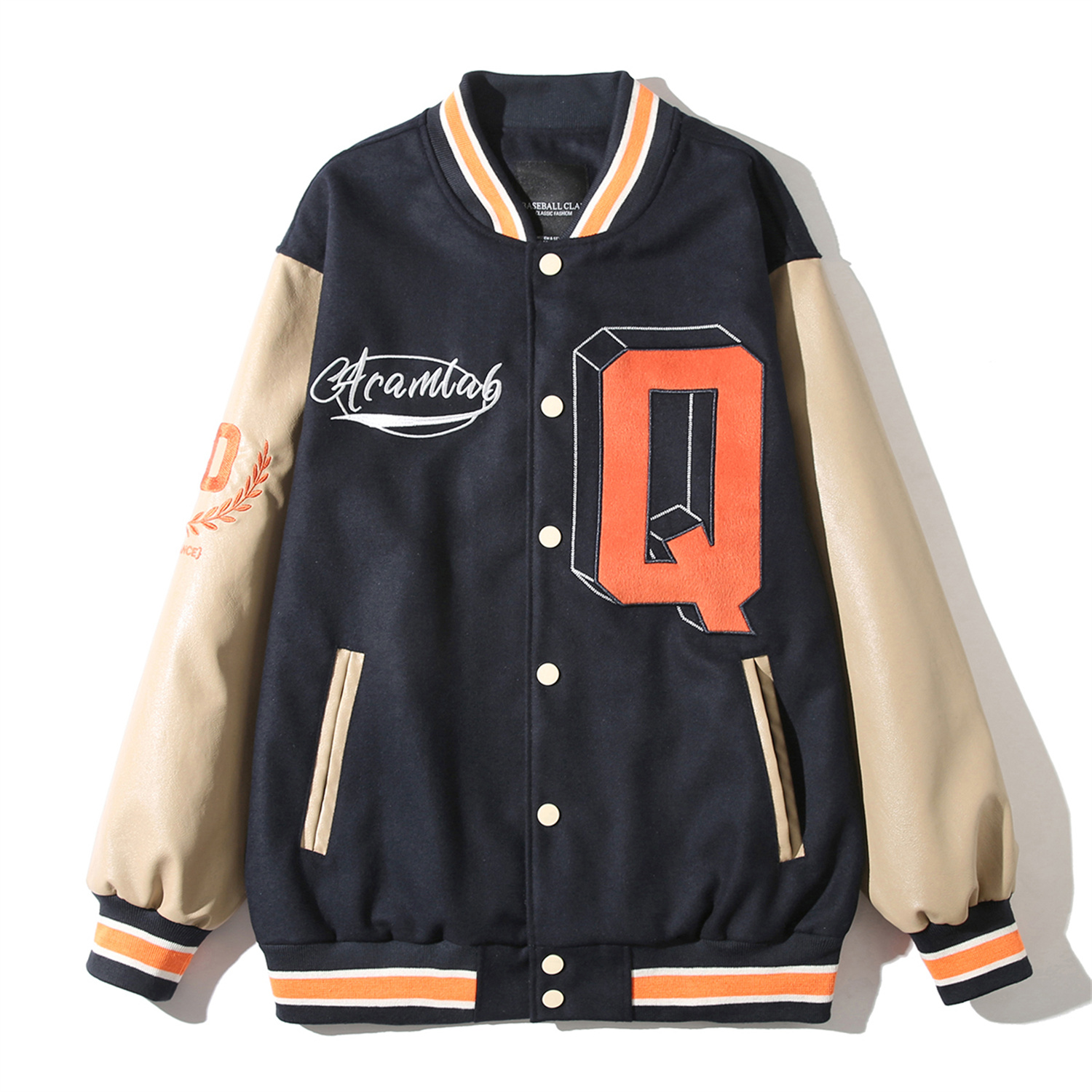 正品潮牌韩版宽松字母毛呢外套女春秋情侣装棒球服皮袖拼接夹克女