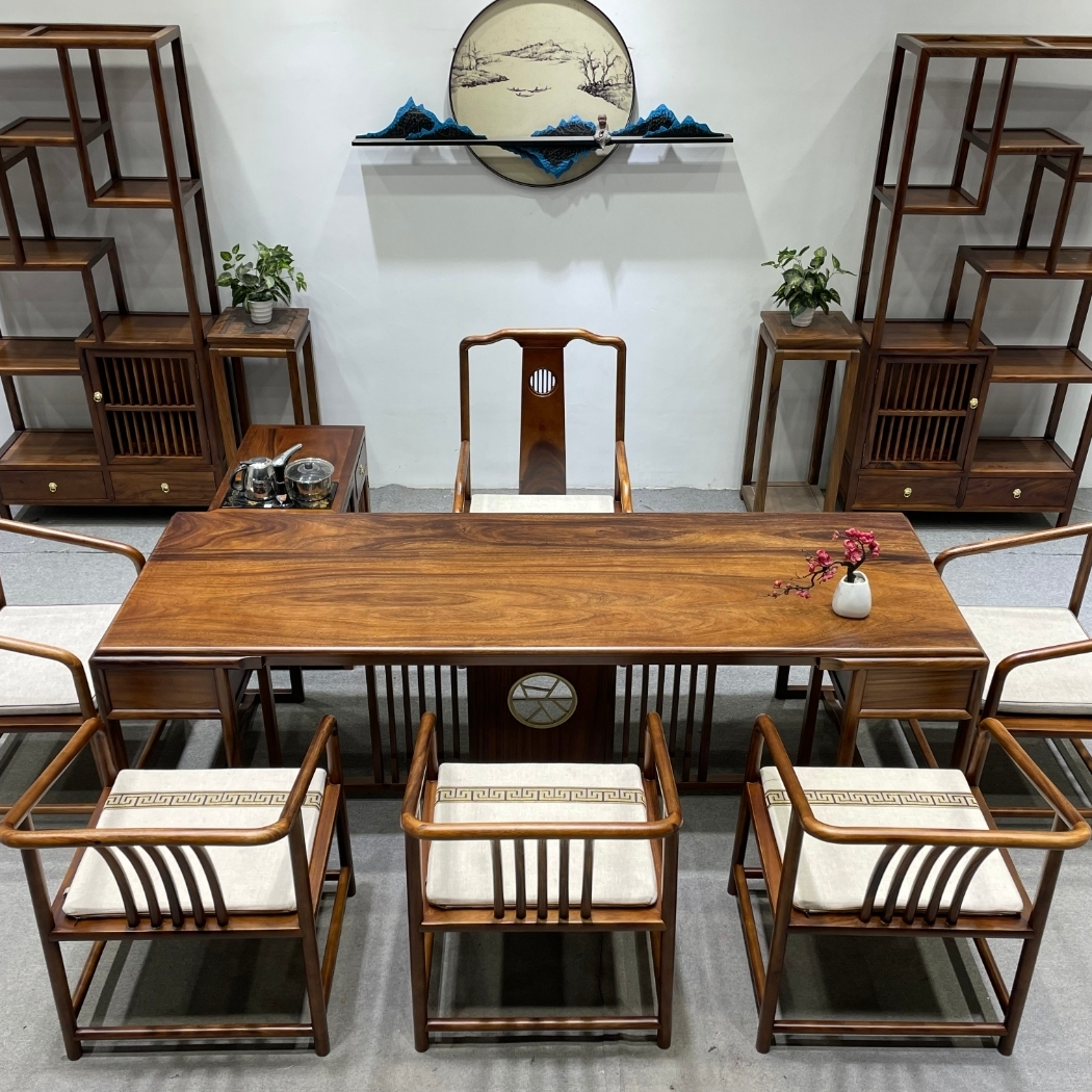 新中式茶桌椅组合一桌五椅办公室实木茶几泡茶台套装一体办公桌