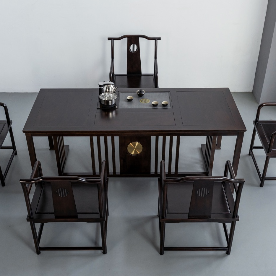 胡桃木茶桌七件套包邮送货搭配一张桌子五张椅子茶水柜送坐垫电磁