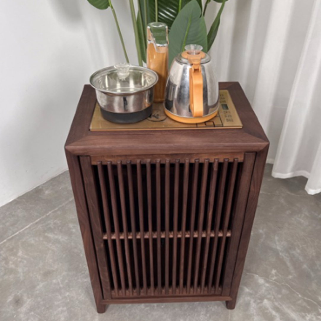 北美黑胡桃木茶水柜实木侧边煮茶下置水桶客厅单门茶边简烧水一体