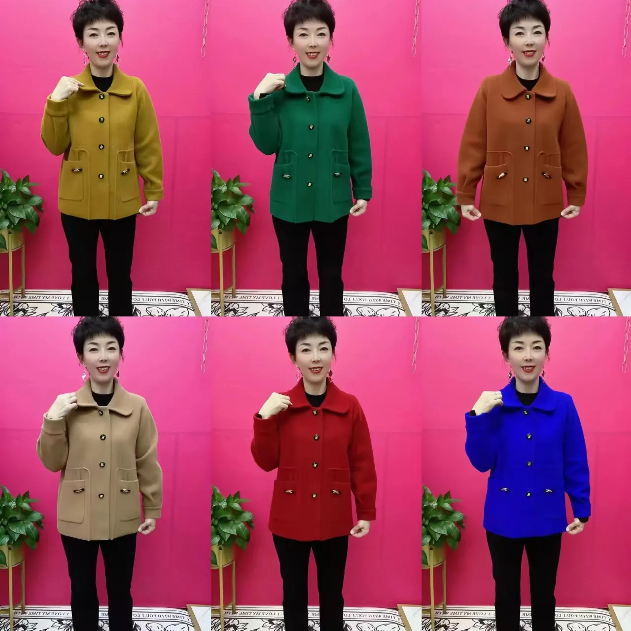 兜上黑扣方领外套