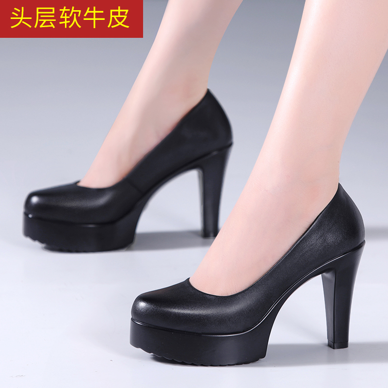 秋季软牛皮细跟时尚圆头单鞋旗袍走秀中跟女浅口舒适真皮工作鞋子