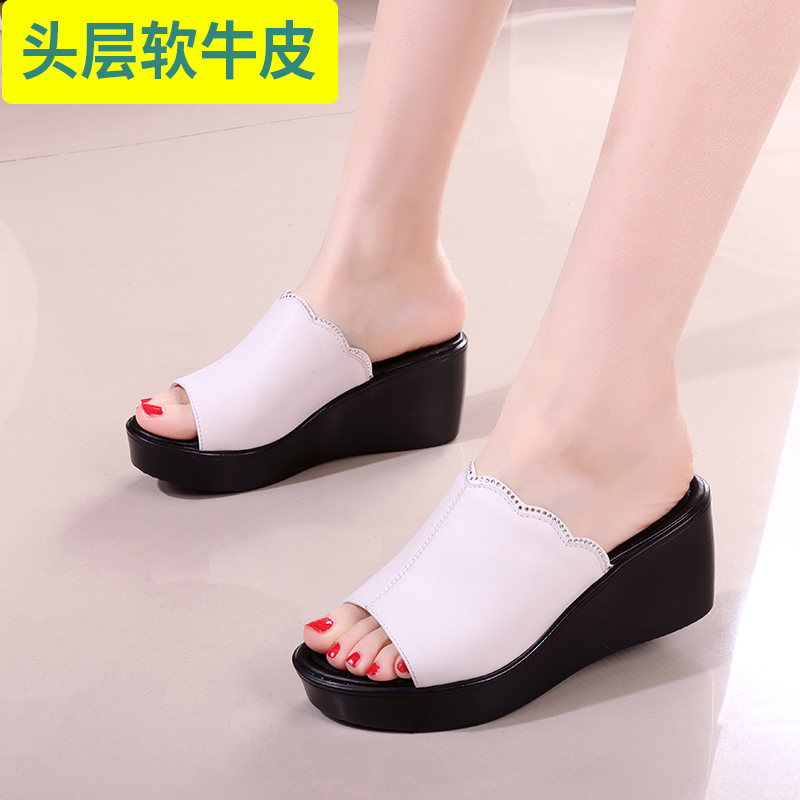 头层牛皮坡跟凉拖鞋大小码水钻鞋防水台气质时尚休闲真皮凉拖鞋子