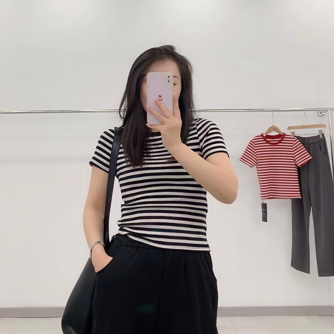 爱美阁   条纹短袖T恤简约时尚春季新款百搭显瘦休闲甜美横条纹