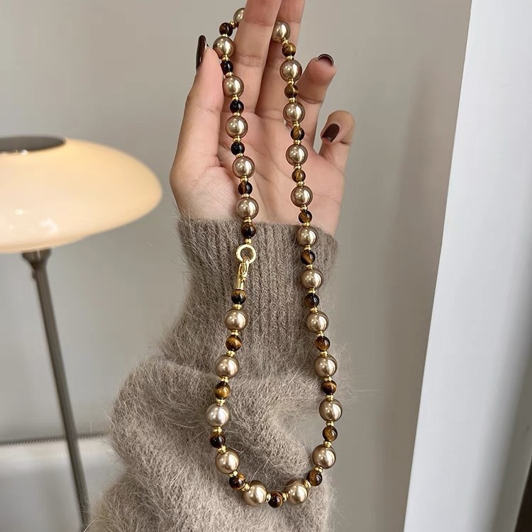 铜合金项链 秋冬美拉德虎眼石摩卡金混彩项链轻奢小众毛衣链女