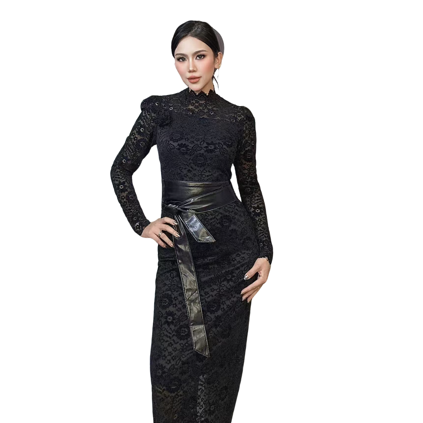 高级感长袖高领晚礼服