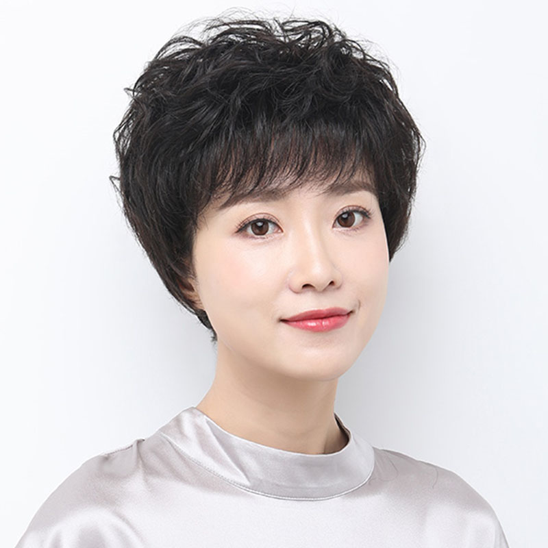 高端真发假发套轻薄网假发女时尚短卷发中老年女士全真发假发