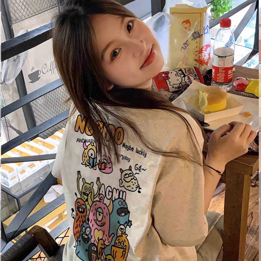 落肩女士短袖t恤夏季新款设计感小众美式半袖体恤百搭休闲上衣