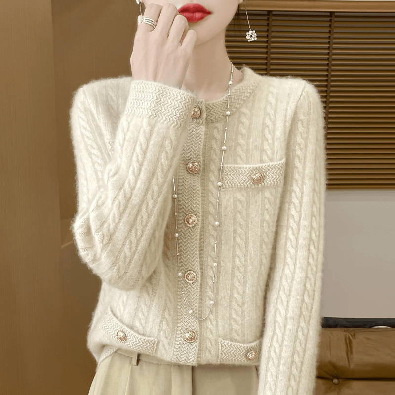 高级感~100%纯羊毛衫女秋冬小香风圆领扭花单排扣洋气百搭开衫